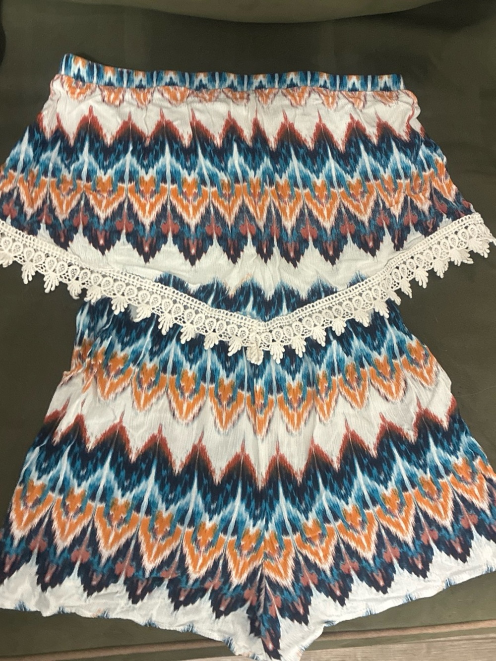 Xhilaration Blue Orange White Off-Shoulder Romper with Lace Trim